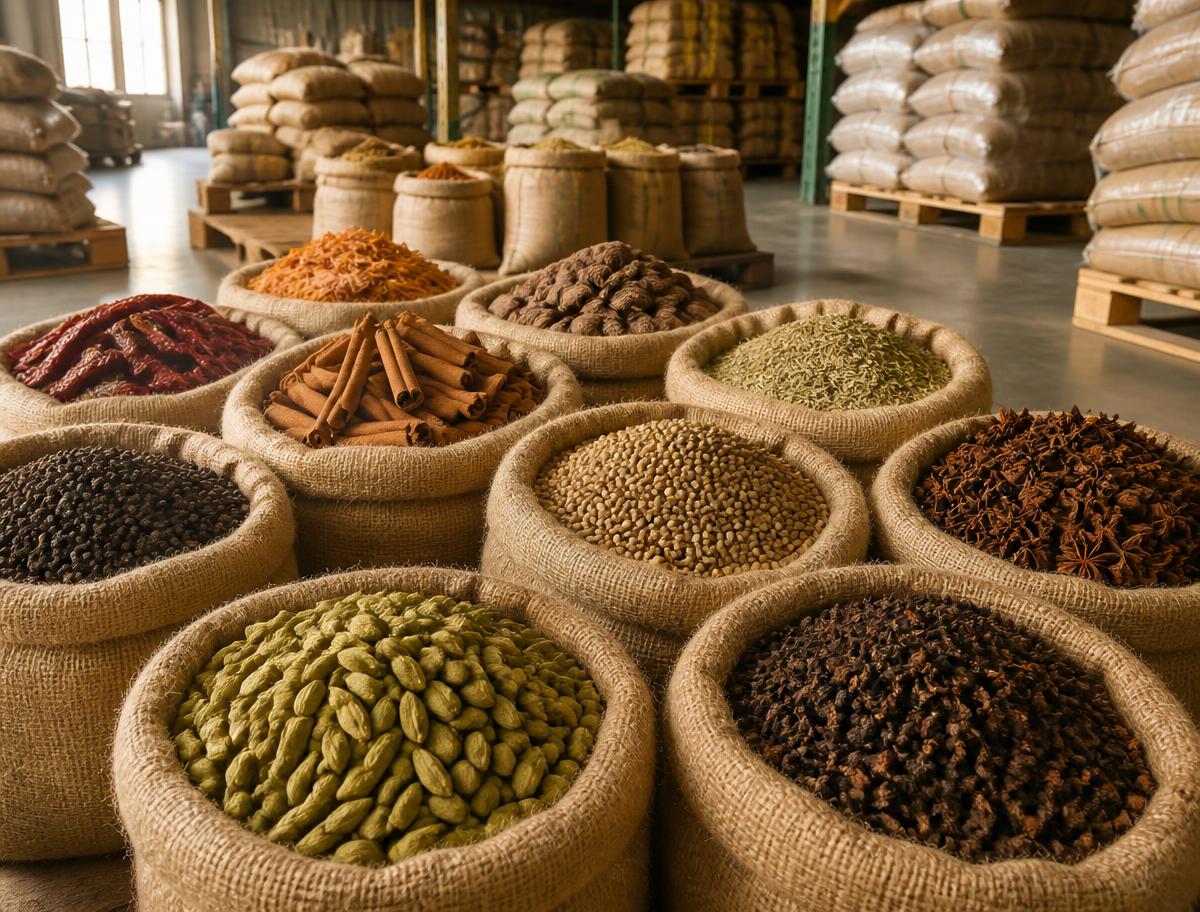 Burlap sacks of assorted whole spices in a wholesale warehouse